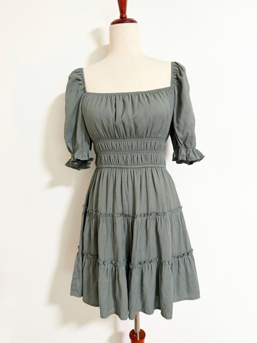 Altar’d State Sage Coastal Cowgirl Puff Sleeve Tiered Mini Dress